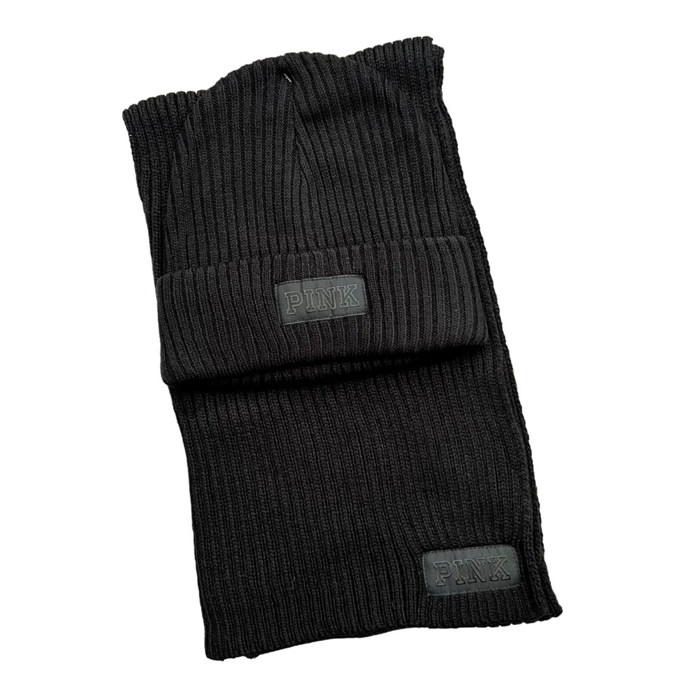 NWT Black Knit Beanie and matching scarf from PINK/VICTORIAS SECRET.